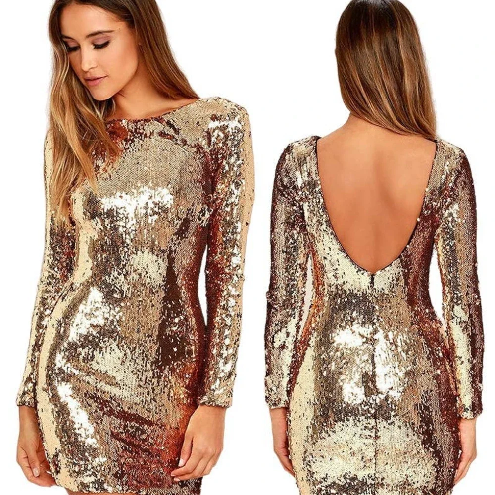 NWT Dress the Population Lola Gold Sequin Dress Women's Size S Gold Long Sleeve